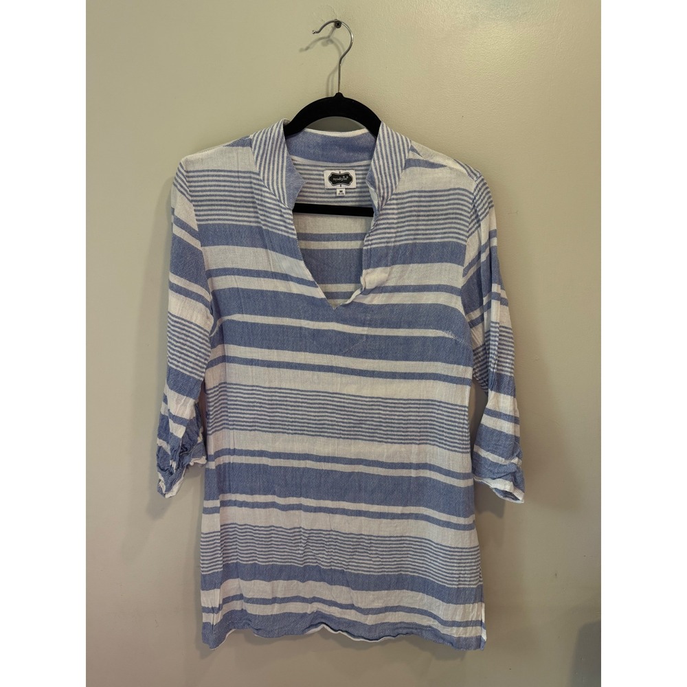 Mud Pie Womens Blue White Striped Cotton Gauze Tunic Top 3/4 Sleeve Size M 8-10